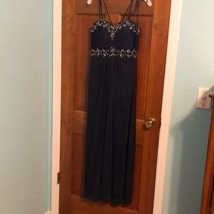 Navy blue floor length prom dress.